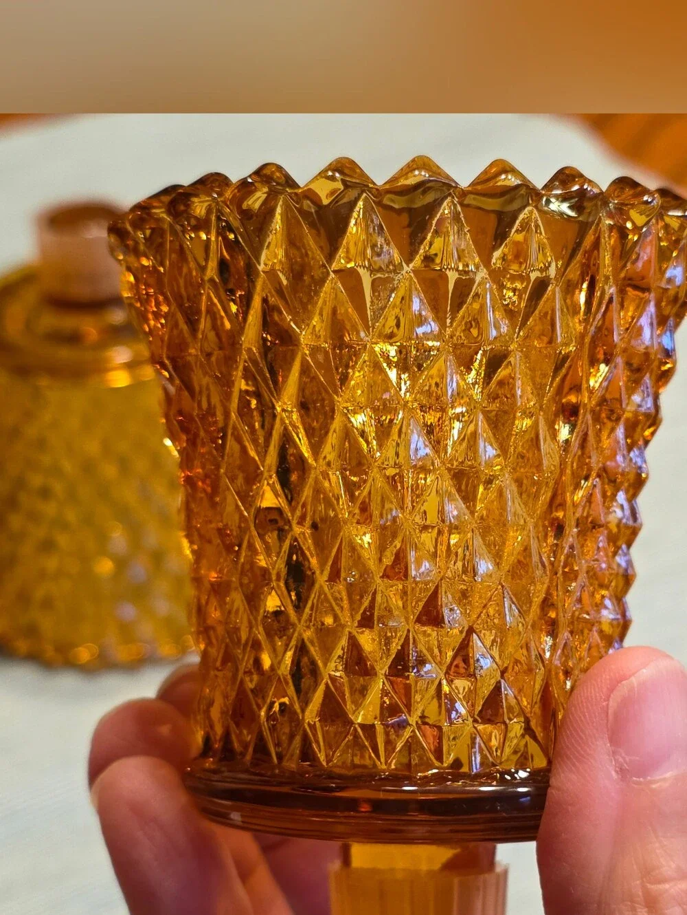 VTG MCM Amber Glass Diamond Point Peg Candle Cups Set Of 2